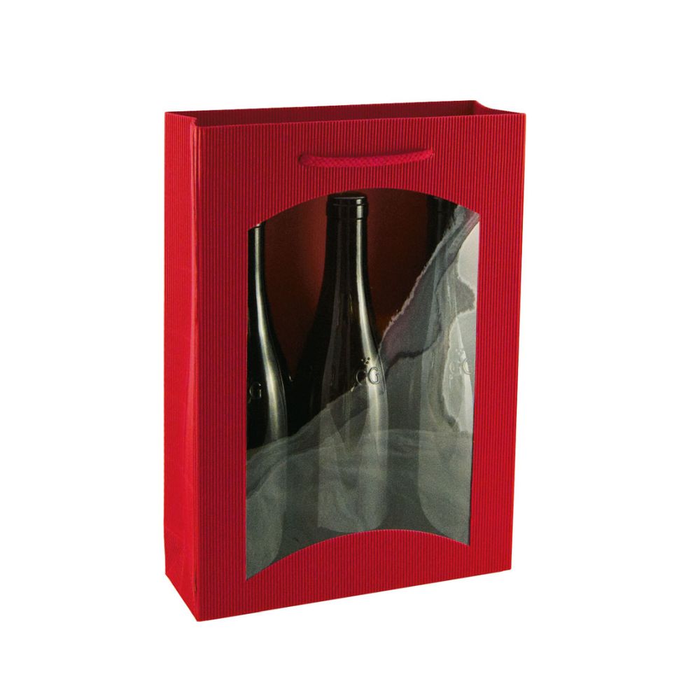 Geschenktüten offene Welle, Kordel und Folienfenster, 255 x 85 x 360 mm, rot