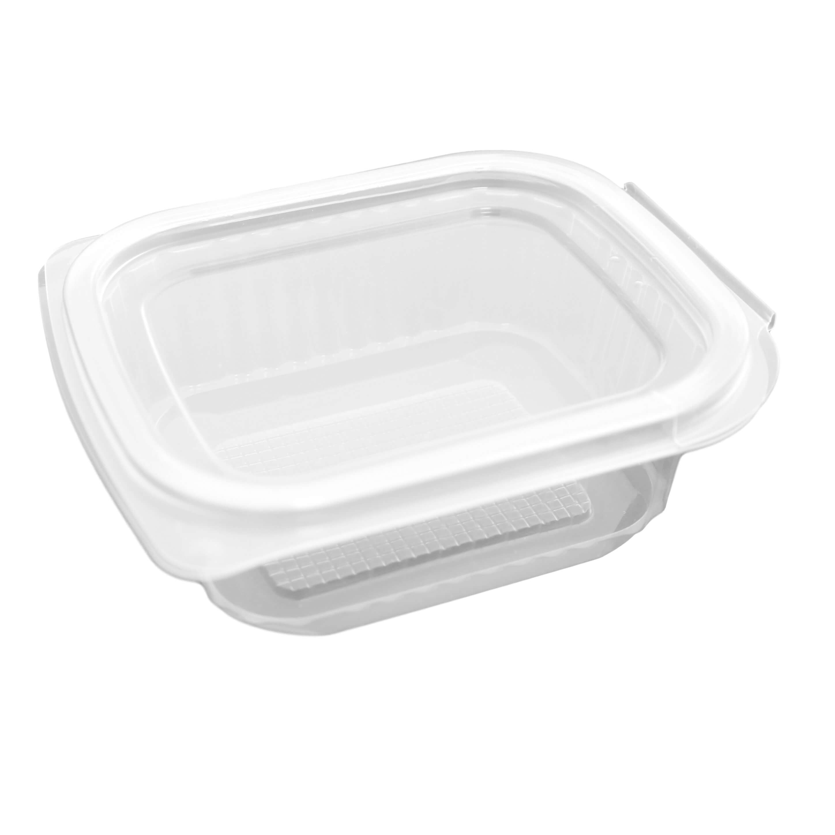 transparenter eckiger Feinkostbecher PP mit Klappdeckel 250 ml (127 x 105 x 41 mm)