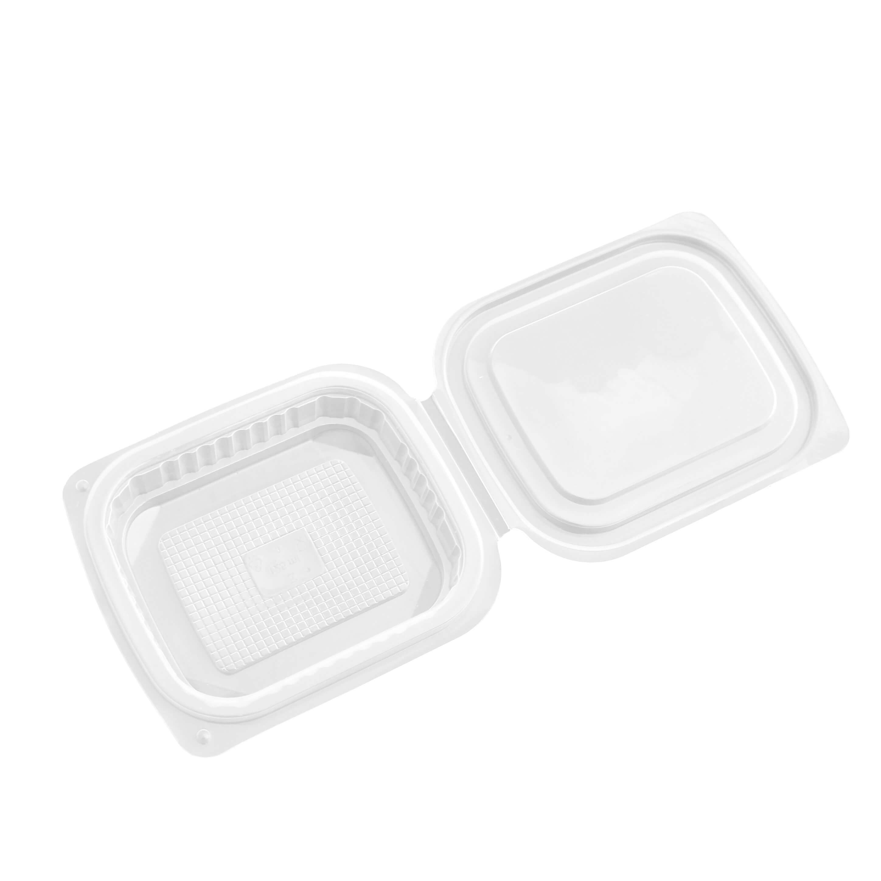 transparenter eckiger Feinkostbecher PP mit Klappdeckel 125 ml (127 x 105 x 28 mm)