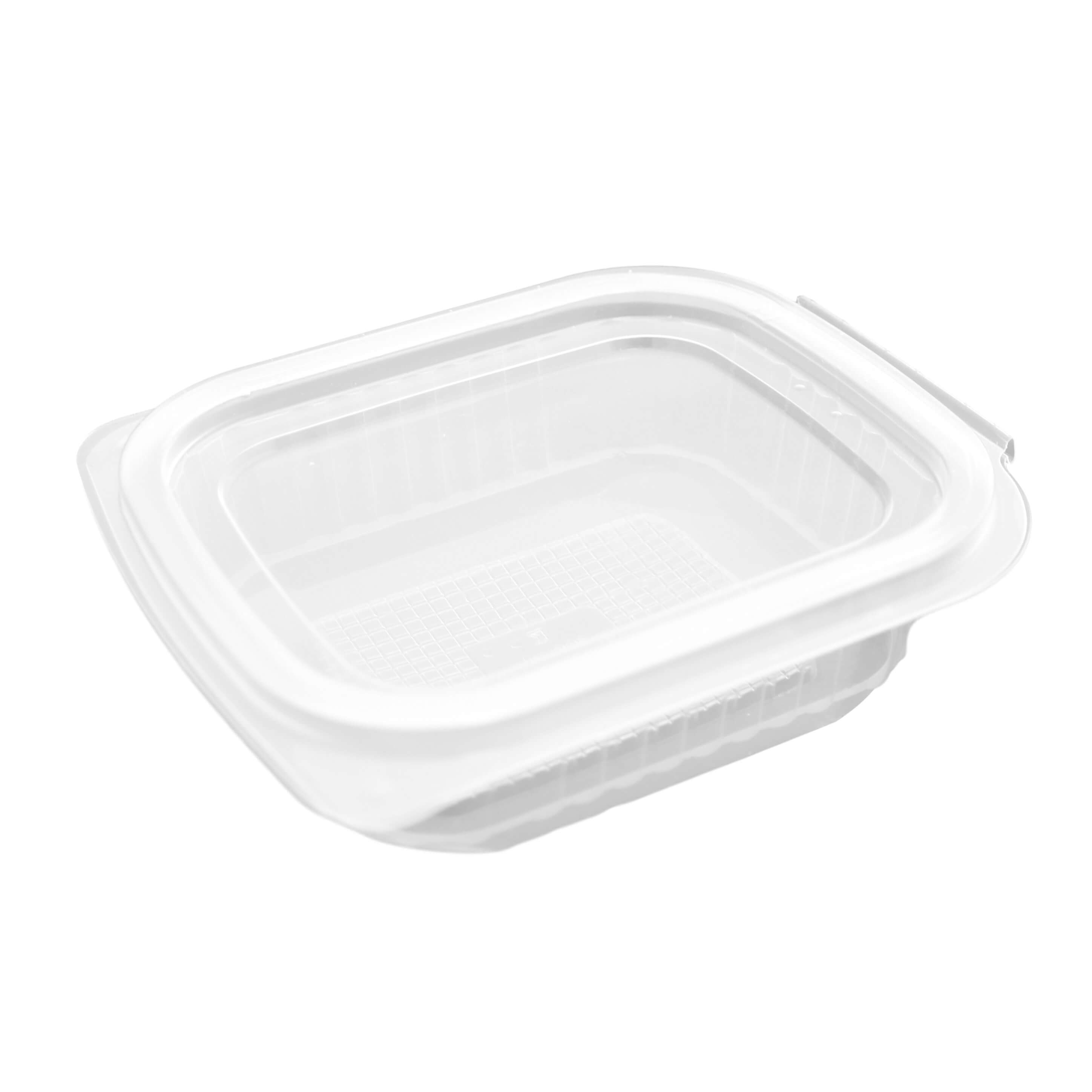 transparenter eckiger Feinkostbecher PP mit Klappdeckel 200 ml (127 x 105 x 35 mm)