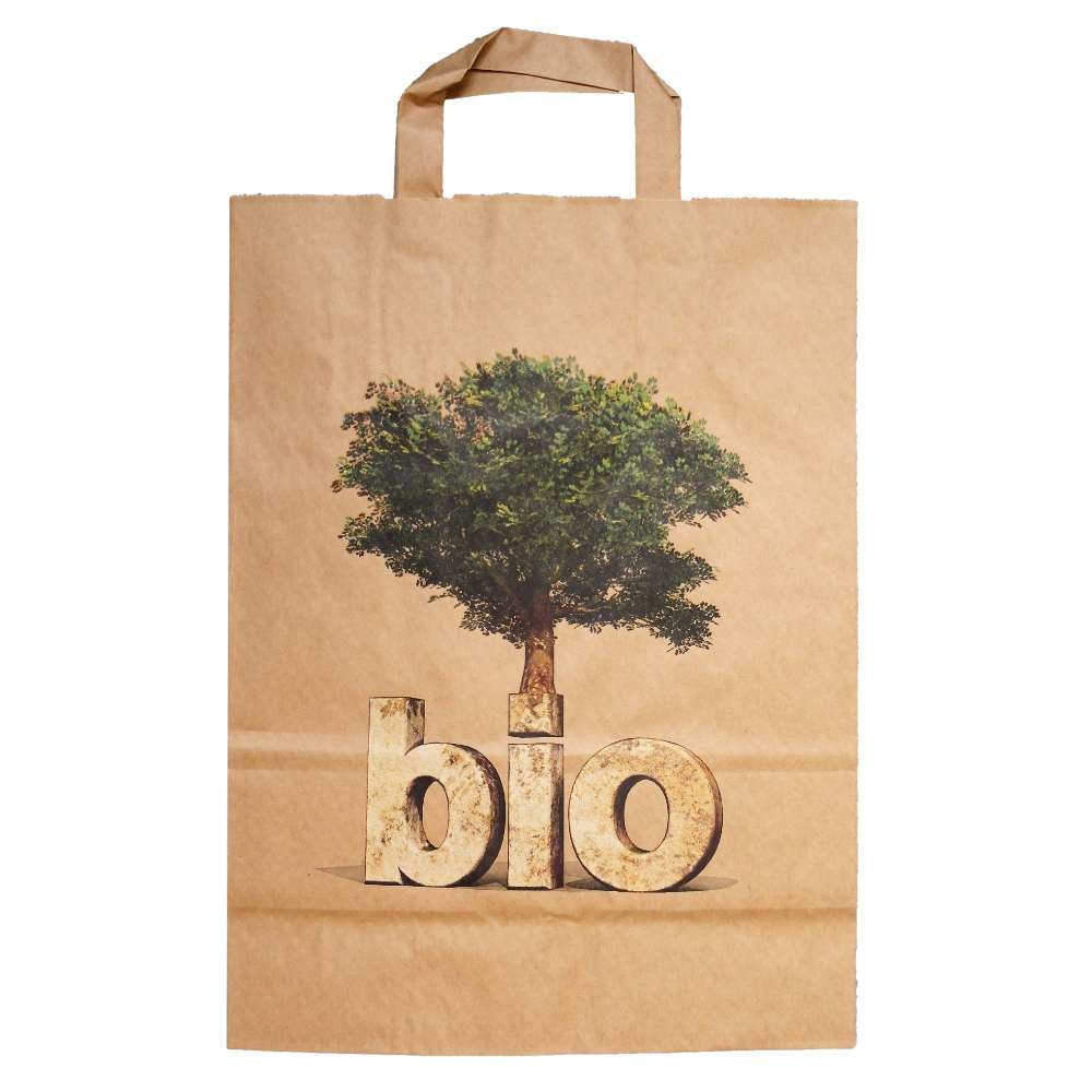 braune Kraft Papiertragetasche bedruckt, 260 + 120 x 350 mm *Bio*