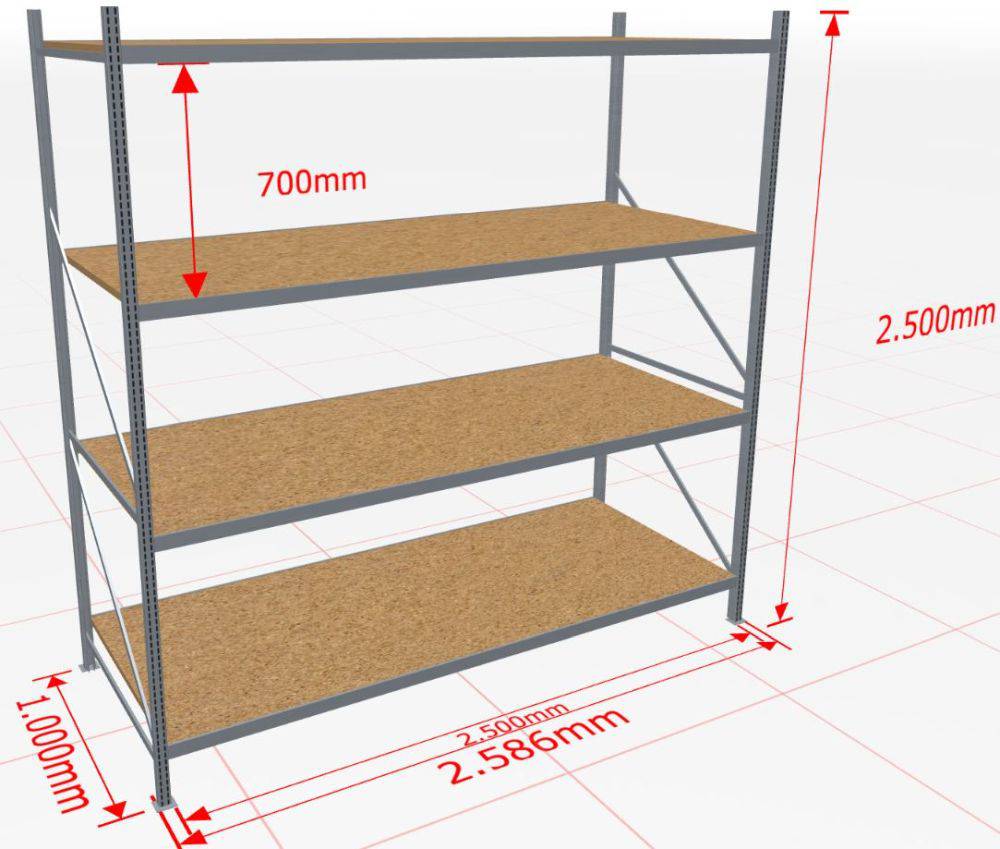 Weitspannregal WS 3000 Anbauregal 2.500 x 2500 x 1000 mm Holzpaneelen