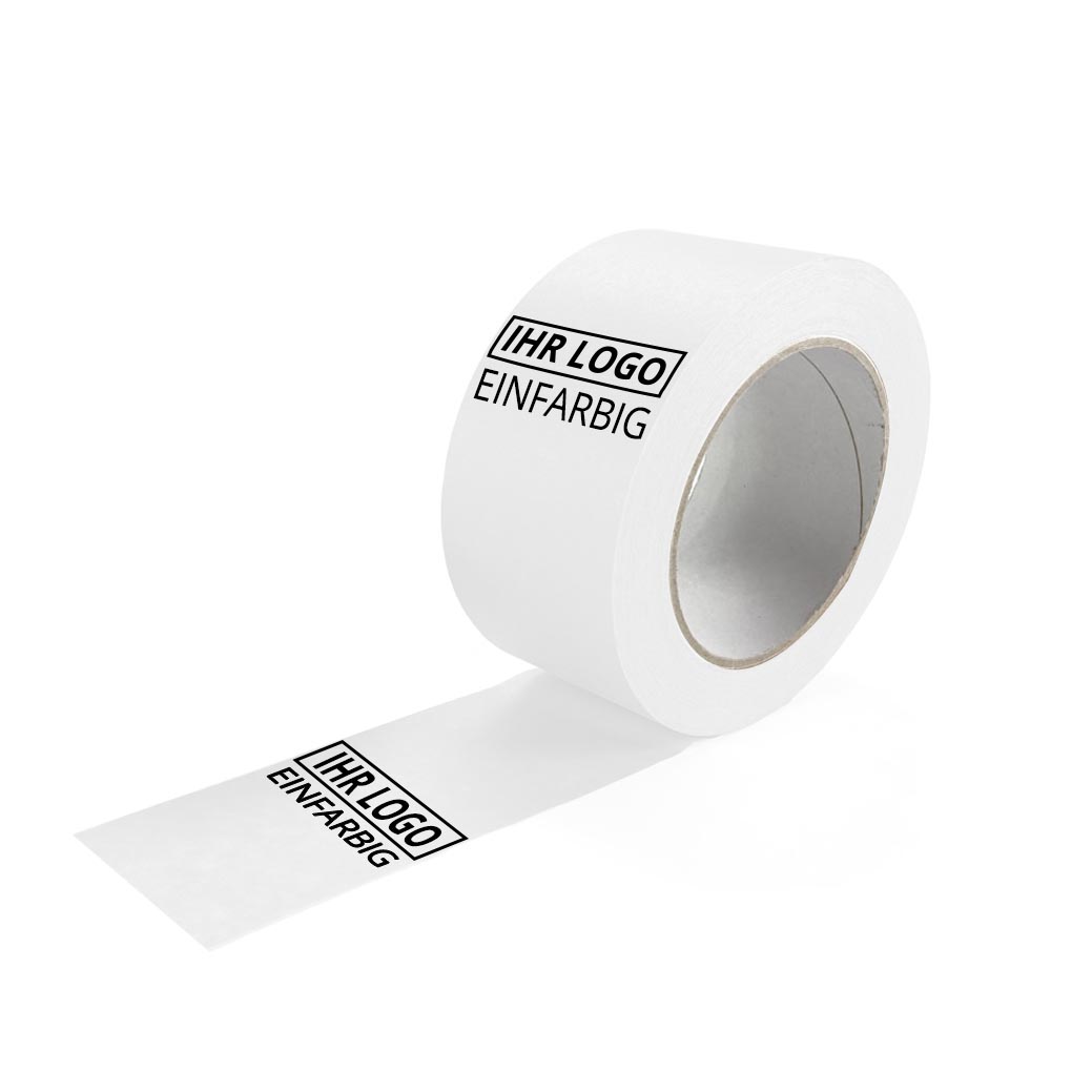 PP Klebeband weiß, individuell bedruckt, Naturkautschuk, S-PVC, 50 mm x 66 m, 33 µ 1-farbig