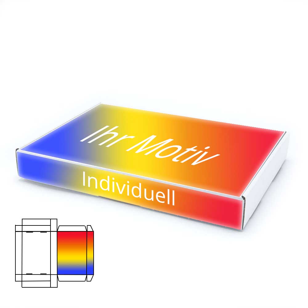 350 x 250 x 50 mm Maxibrief Karton, weiß (Außenmaß) mit Digitaldruck 2-seitig bedruckt vollflächig bedruckt