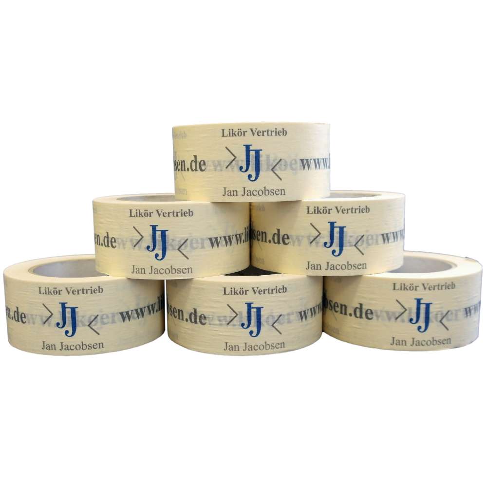 Papierklebeband weiß, individuell bedruckt, Naturkautschuk, 50 mm x 50 m, 90 µ, 2-farbig