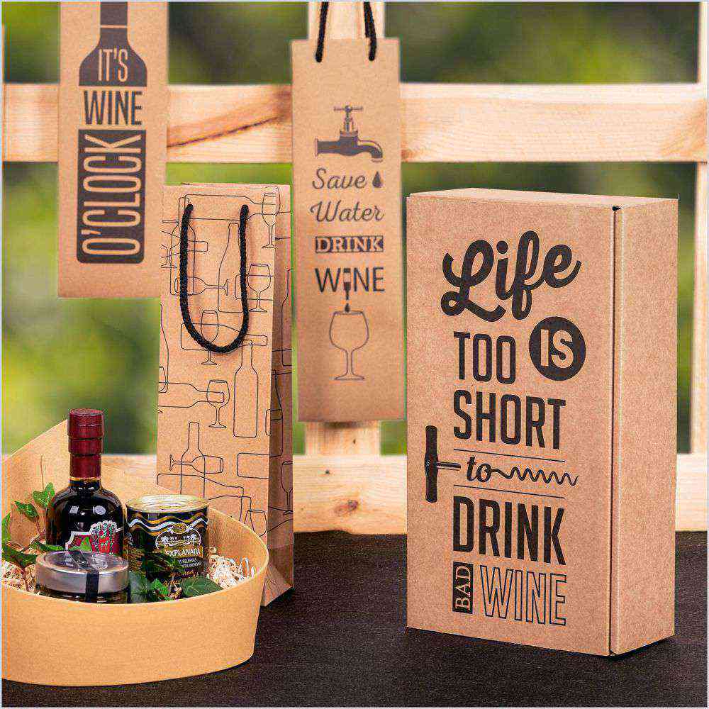 Tragetasche Kraftpapier Natur 4er Set mit Aufdruck für 1er Wein/Sekt Design "Wine"