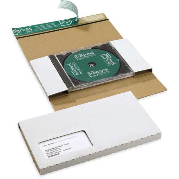 Versandtasche Wellpappe CD, weiß, DIN lang, 225 x 125 x 12 mm (mit Sichtfenster)