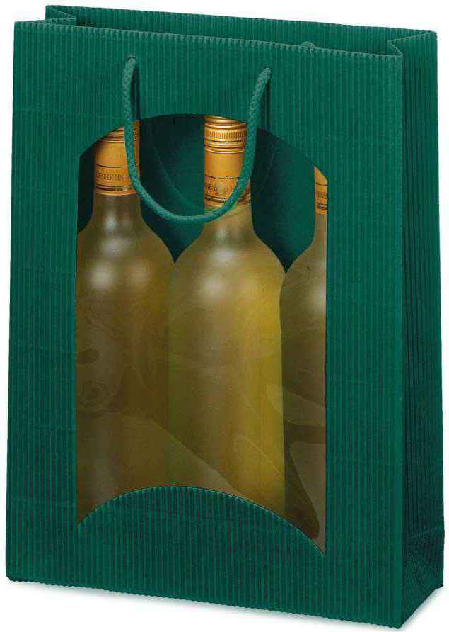 Geschenktüten offene Welle mit Fenster 3er Wein/Sekt Dunkelgrün