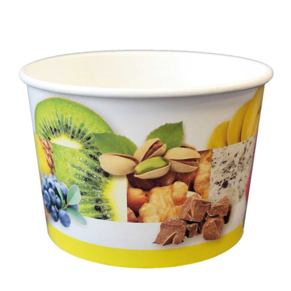 Eisbecher aus Pappe, rund, mit Motiv "freche Früchte" 280 ml (Höhe 64 mm, Ø oben 94 mm) Eisbecher aus Pappe, rund, mit Motiv "freche Früchte" 280 ml (Höhe 64 mm, Ø oben 94 mm)