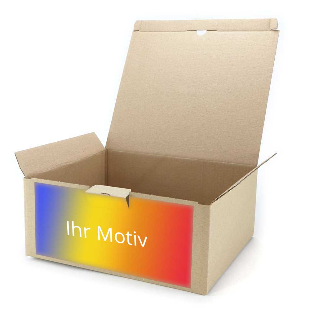 350 x 300 x 150 mm Warensendungs-Karton braun (Außenmaß) mit Digitaldruck 2-seitig bedruckt (zwei gegenüberliegende Seiten) maximale Druckfläche