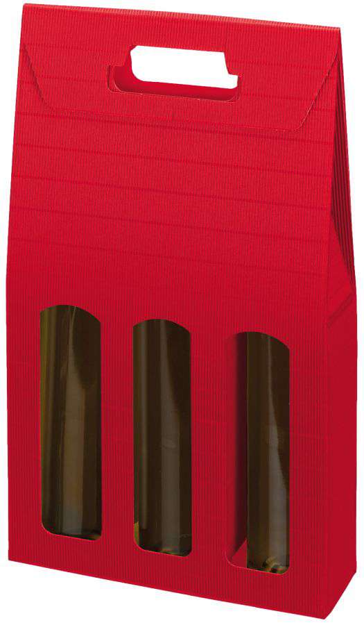 Geschenkbox offene Welle mit Tragegriff und Fenster 3er Wein/Sekt rot