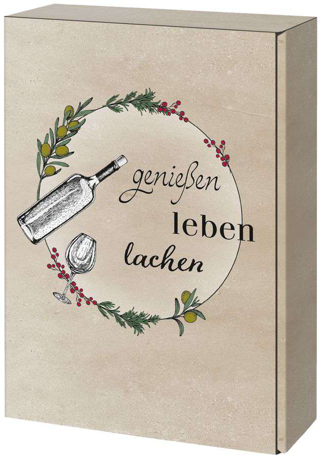 Geschenkbox grau/weiß "genießen, leben, lachen" 3er Wein/Sekt