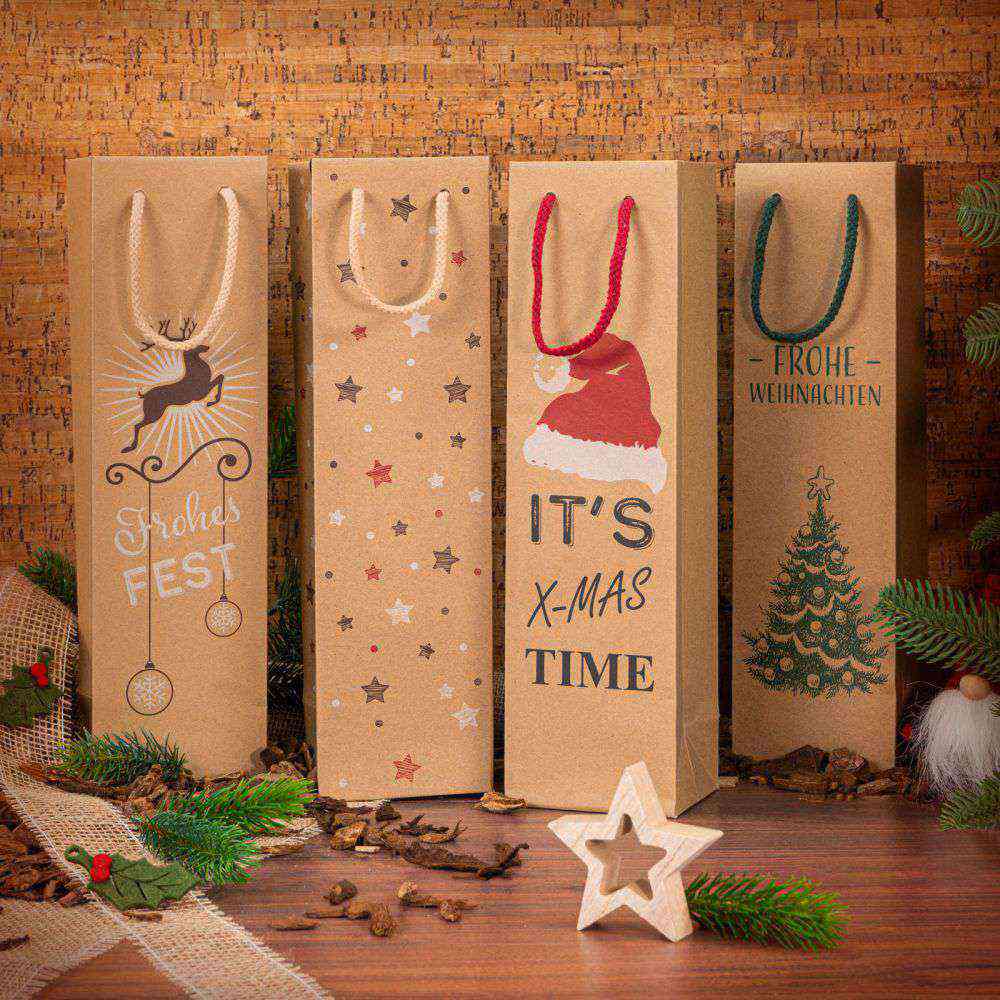 Tragetasche Kraftpapier Natur 4er Set mit Aufdruck für 1er Wein/Sekt Design "Weihnachten"