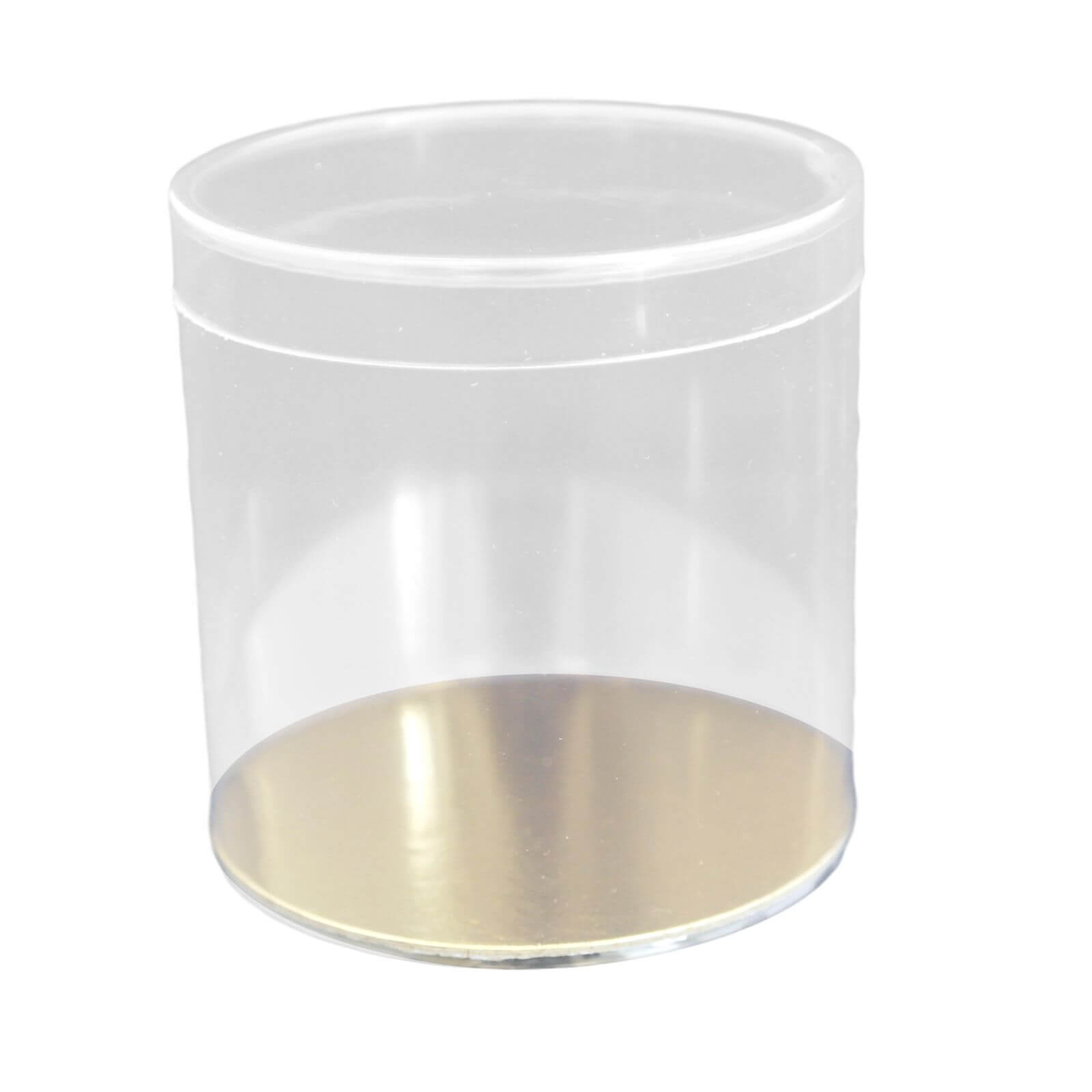 Klarsichtbox Runddose, transparent 80 mm mit Goldkarton-Boden Klarsichtbox Runddose, transparent 80 mm mit Goldkarton-Boden