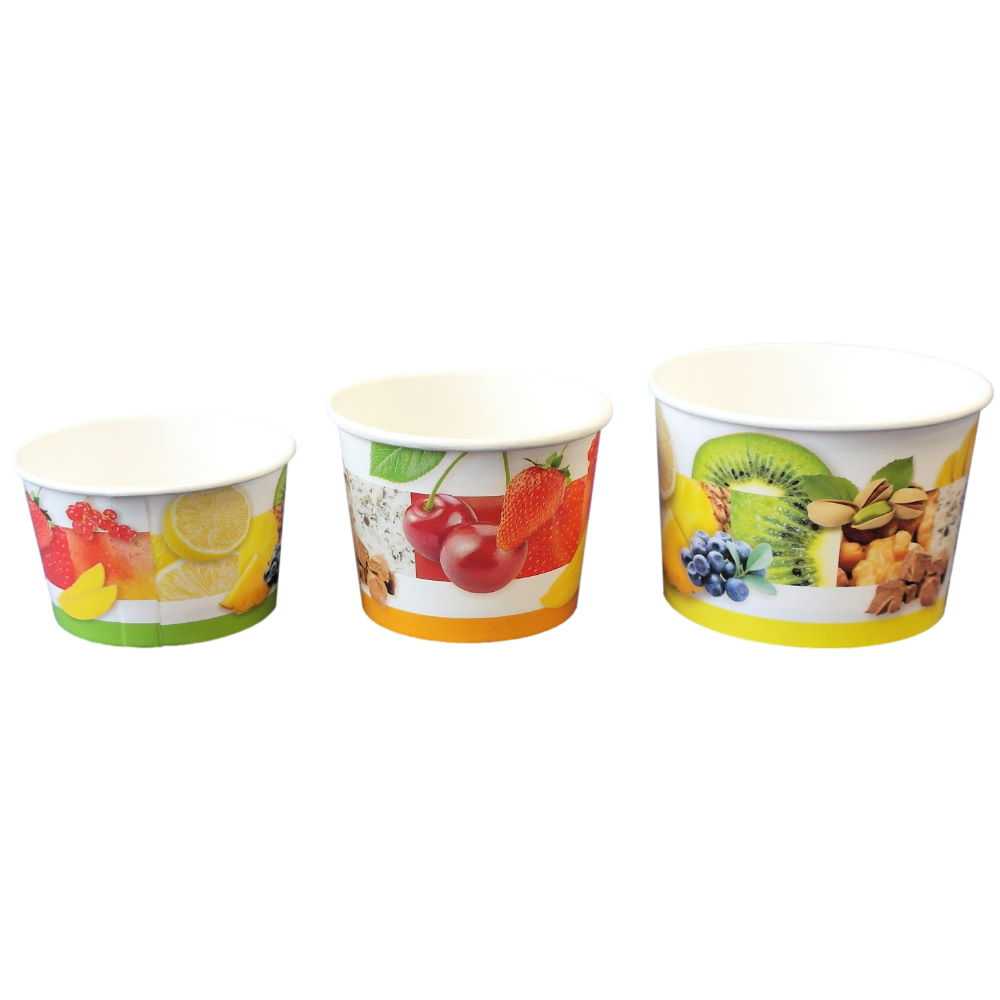 Eisbecher aus Pappe, rund, mit Motiv "freche Früchte" 120 ml (Höhe 47 mm, Ø oben 76 mm)