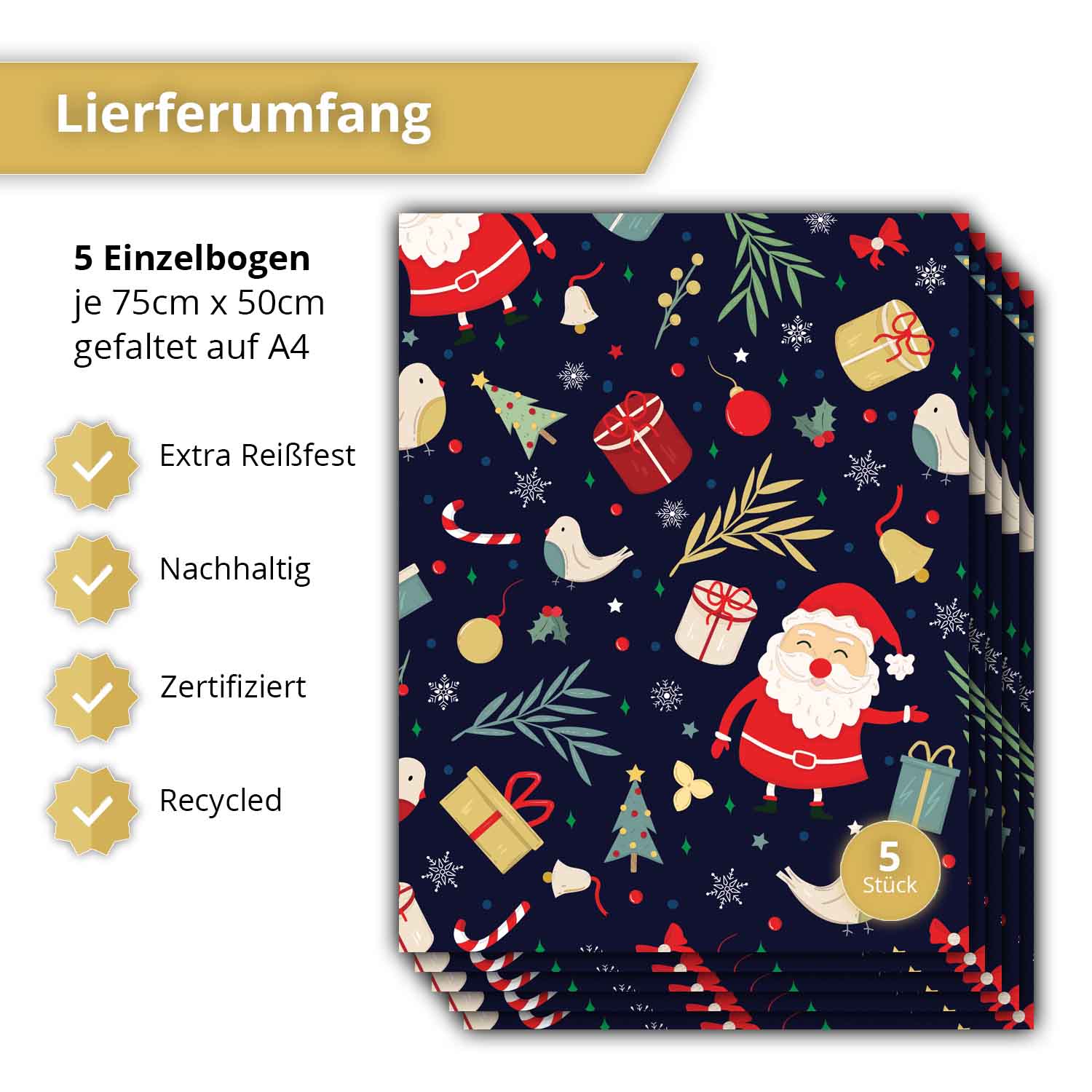 Geschenkpapier für Weihnachten, 5 Bögen Premium Geschenkpapier 75 x 50cm