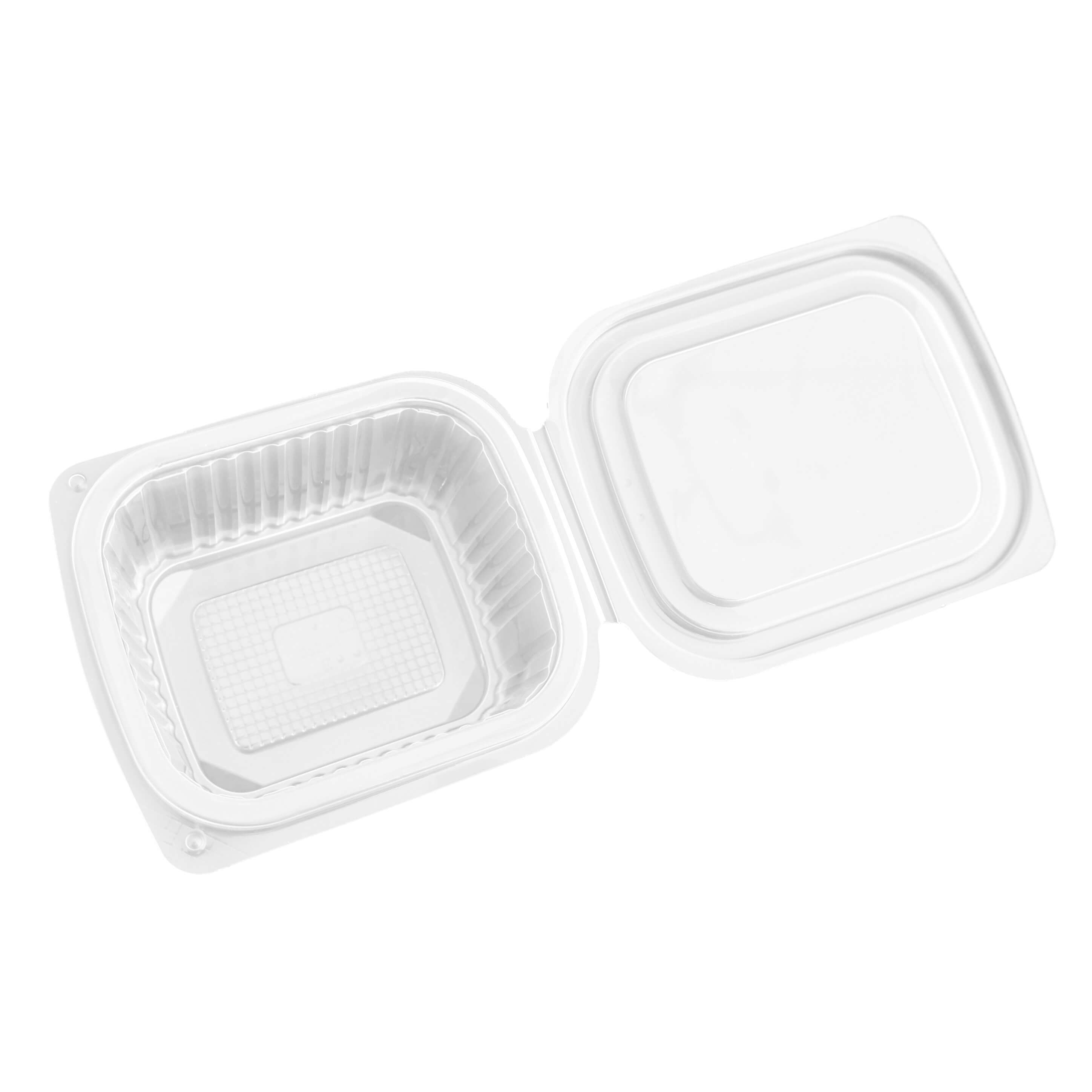 transparenter eckiger Feinkostbecher PP mit Klappdeckel 375 ml (127 x 105 x 61 mm)