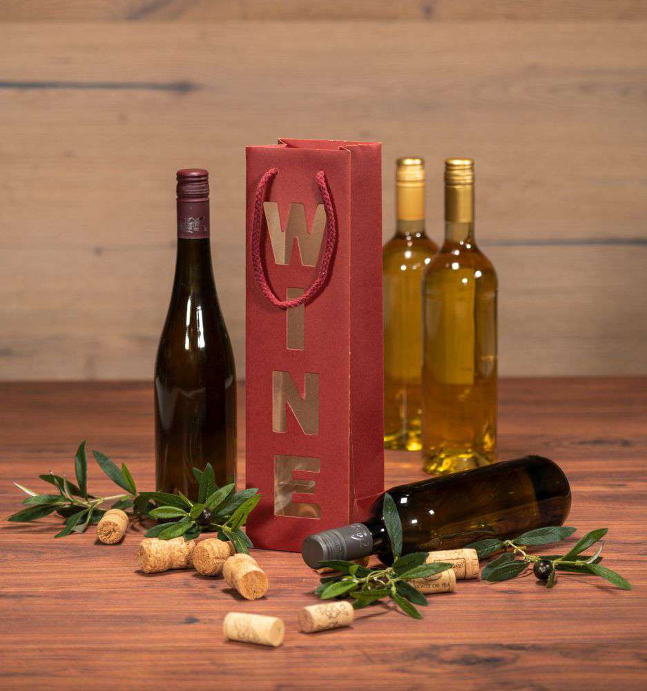 Geschenktüten "Win(e)dow" mit Fenster 1er Wein/Sekt, 4er Set bunt