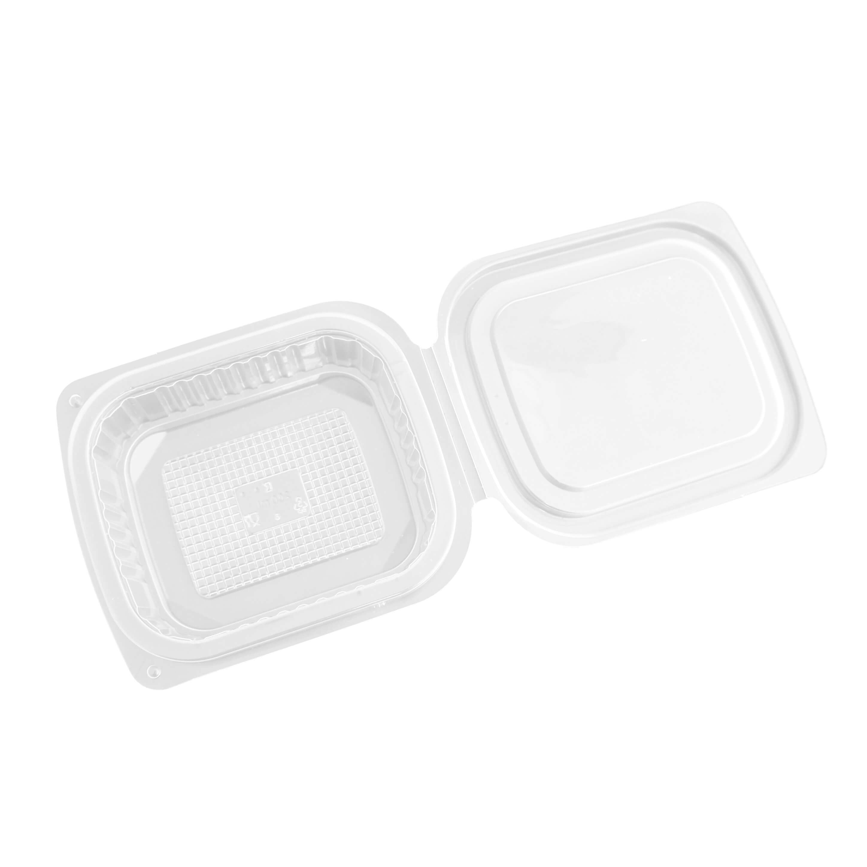 transparenter eckiger Feinkostbecher PP mit Klappdeckel 200 ml (127 x 105 x 35 mm)