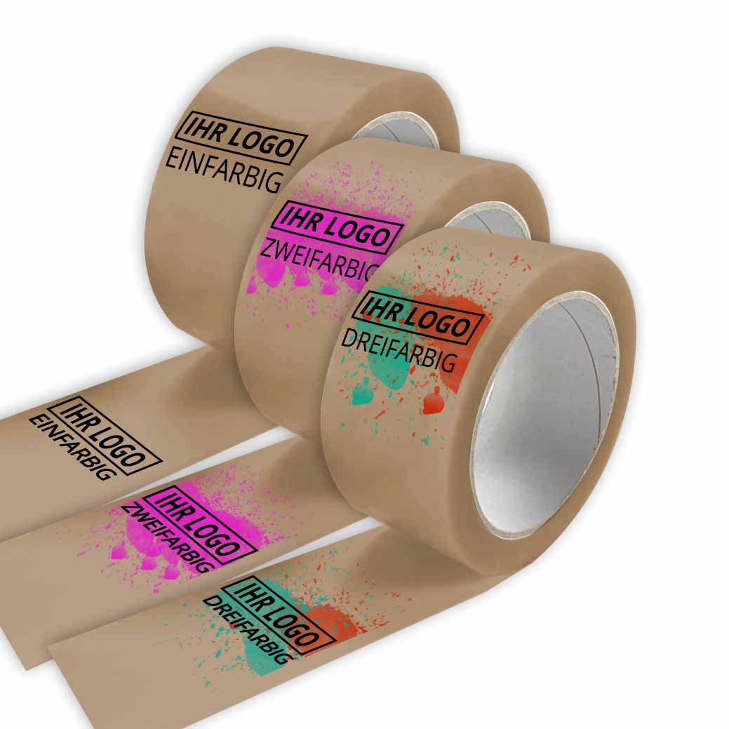 PP Klebeband braun, individuell bedruckt, Naturkautschuk, 48 mm x 66 m, 25 µ, 3-farbig