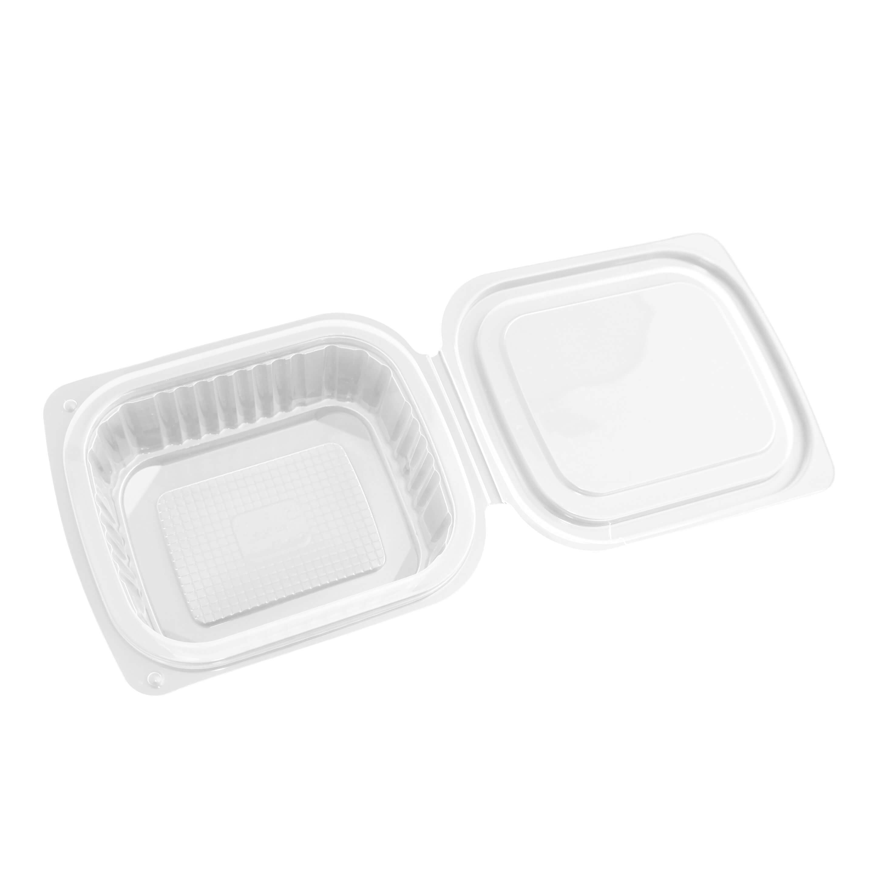 transparenter eckiger Feinkostbecher PP mit Klappdeckel 250 ml (127 x 105 x 41 mm)