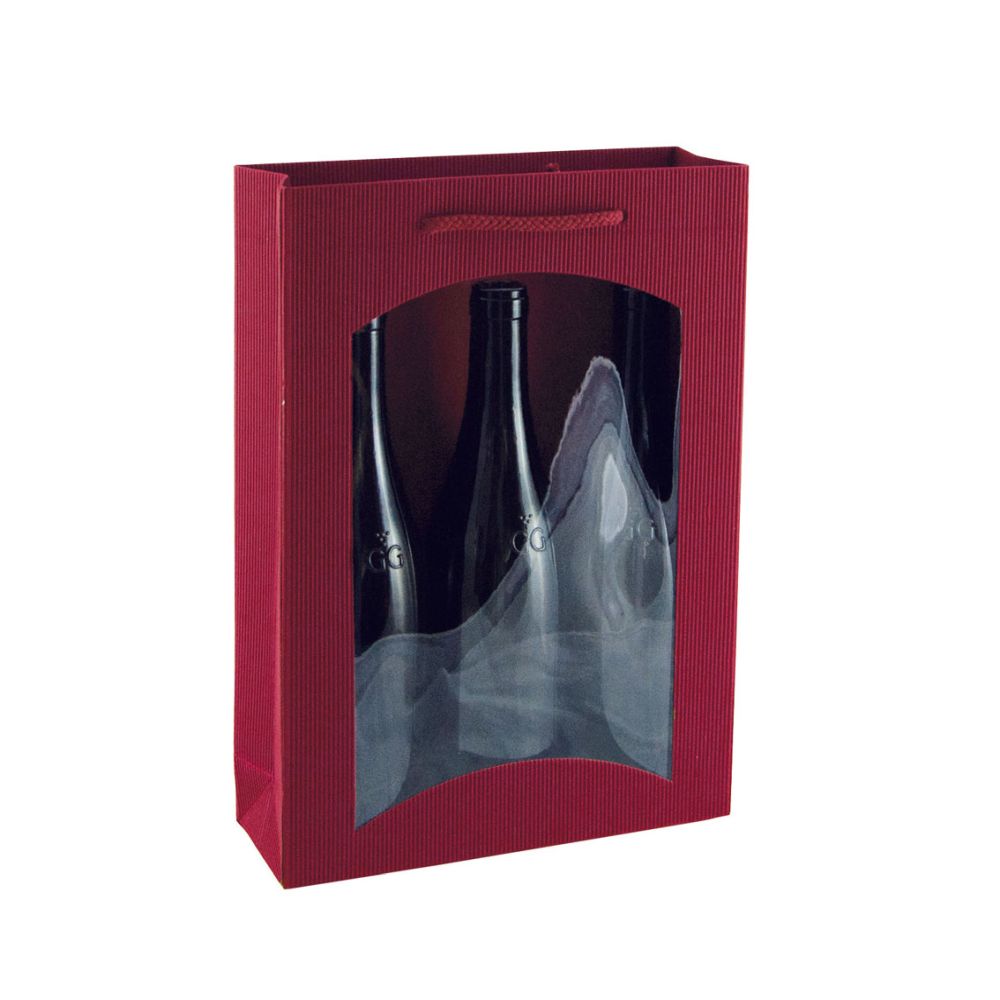 Geschenktüten offene Welle, Kordel und Folienfenster, 255 x 85 x 360 mm, bordeaux