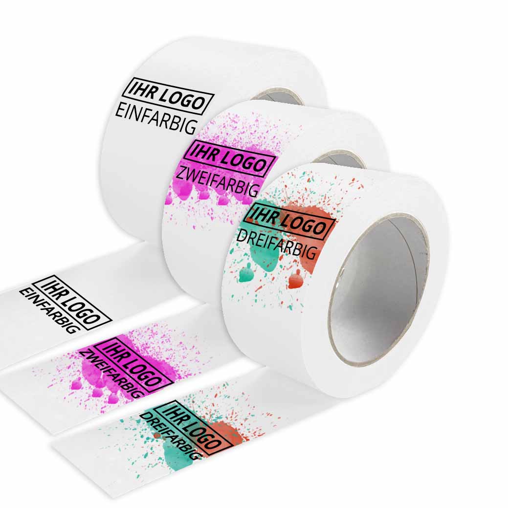 PP Klebeband weiß, individuell bedruckt, Naturkautschuk, 48 mm x 66 m, 25 µ 2-farbig