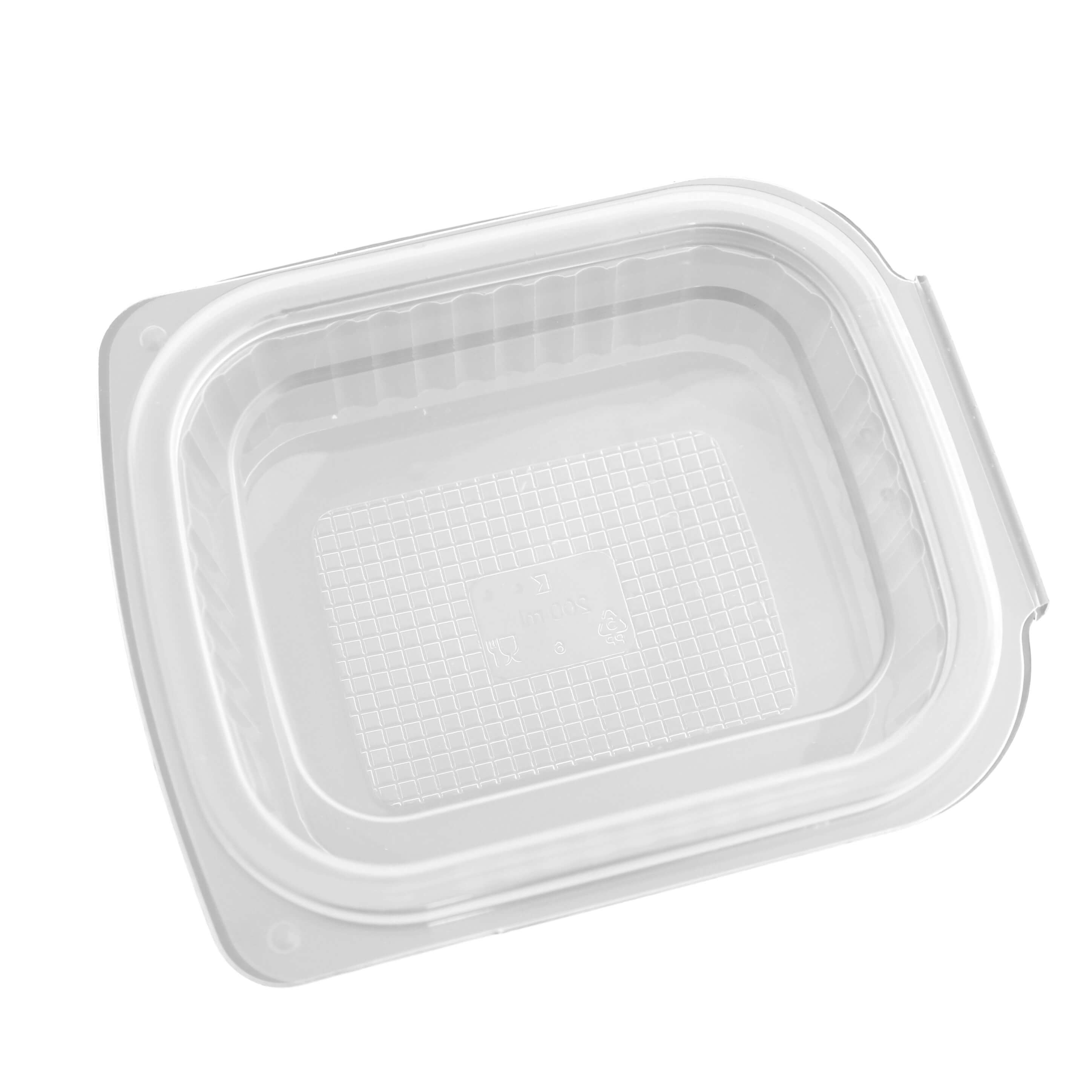 transparenter eckiger Feinkostbecher PP mit Klappdeckel 200 ml (127 x 105 x 35 mm)