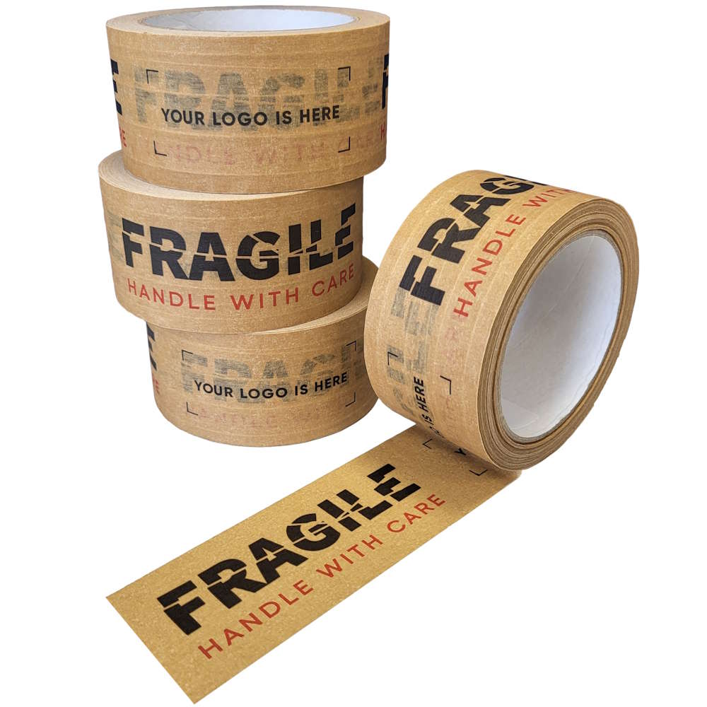 Papierklebeband fadenverstärkt braun, individuell bedruckt, Hot-Melt, 50 mm x 50 m, 90 µ, 3-farbig