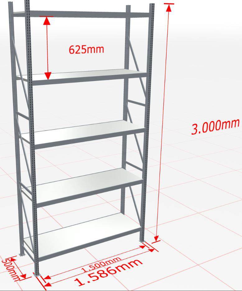 Weitspannregal WS 3000 Anbauregal 3.000 x 1500 x 500 mm Stahlpaneelen