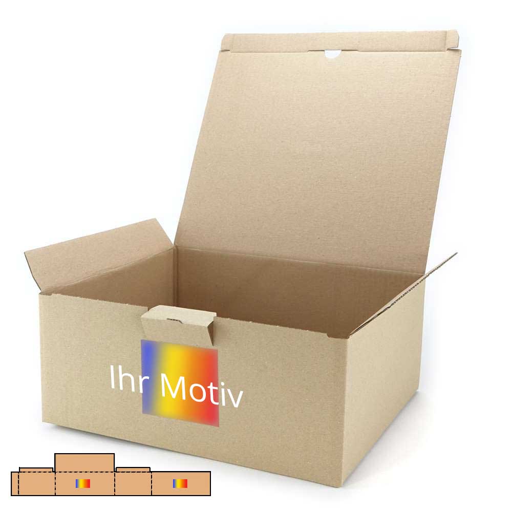 350 x 300 x 150 mm Warensendungs-Karton braun (Außenmaß) mit Digitaldruck 2-seitig bedruckt (zwei gegenüberliegende Seiten) freie Positionierung - Druckfläche bis 30 %