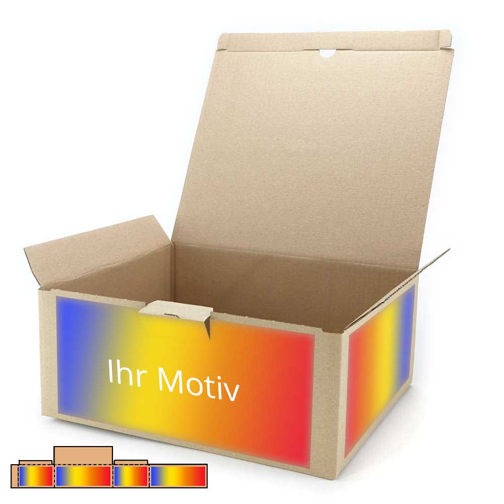 350 x 300 x 150 mm Warensendungs-Karton braun (Außenmaß) mit Digitaldruck 4-seitig bedruckt maximale Druckfläche