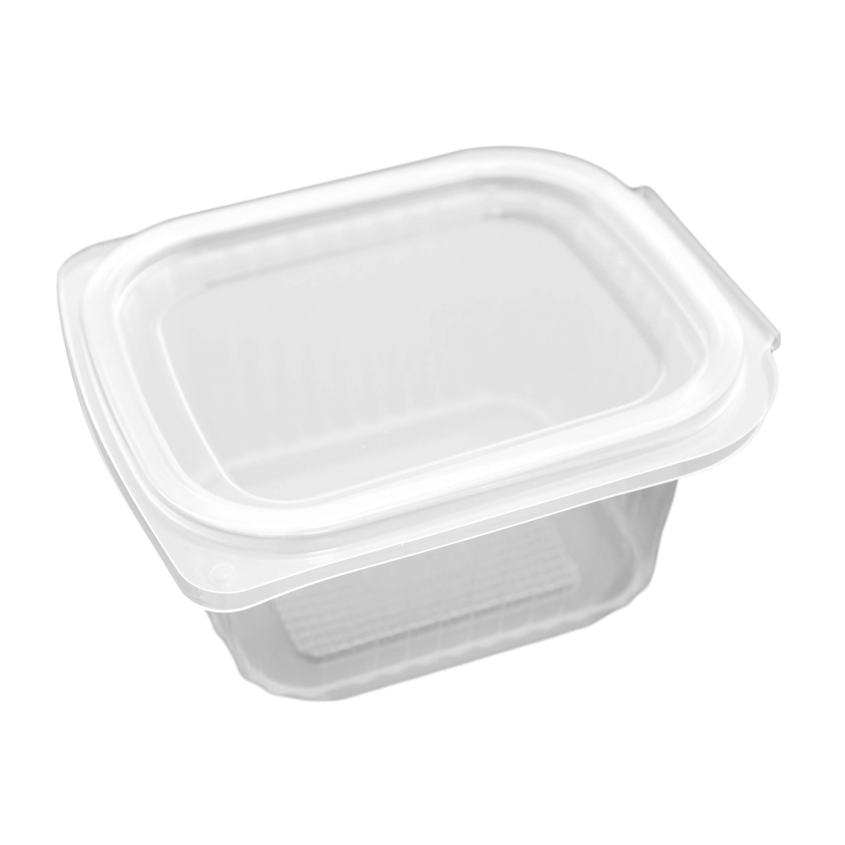 transparenter eckiger Feinkostbecher PP mit Klappdeckel 375 ml (127 x 105 x 61 mm)