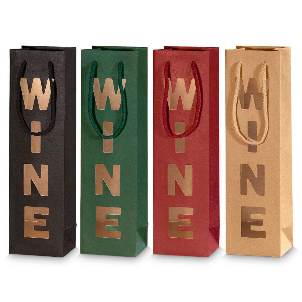 Geschenktüten "Win(e)dow" mit Fenster 1er Wein/Sekt, 4er Set bunt