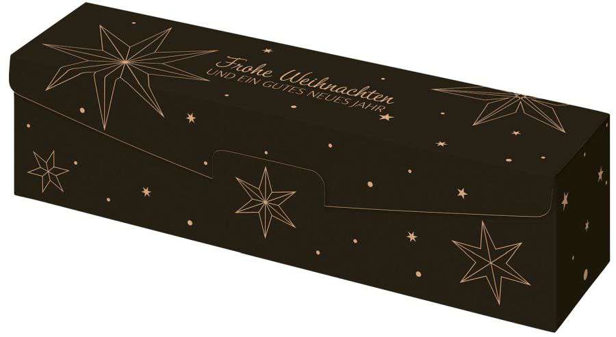 Geschenkbox schwarz/natur "Weihnachtssterne" 1er Wein/Sekt Geschenkbox schwarz/natur "Weihnachtssterne" 1er Wein/Sekt