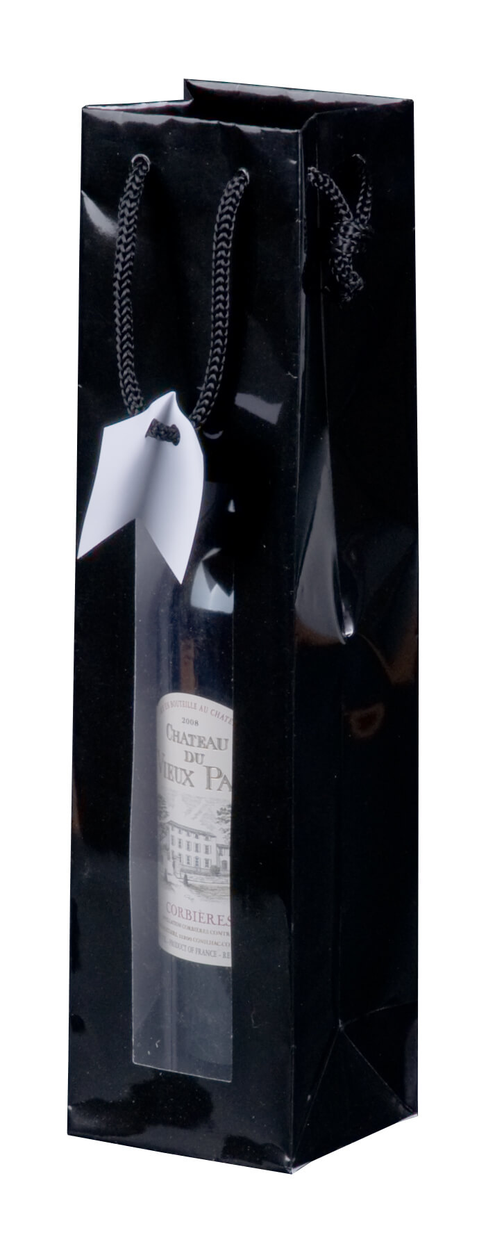 Präsent-Tragetasche Hochglanz mit Kordel und Karte, mit Fenster, 98 x 89 x 380 mm, schwarz