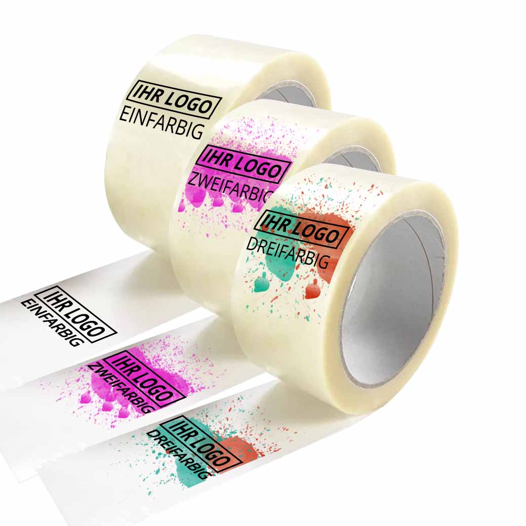 PP Klebeband transparent, individuell bedruckt, Hot-Melt, 50 mm x 66 m, 28 µ, 3-farbig