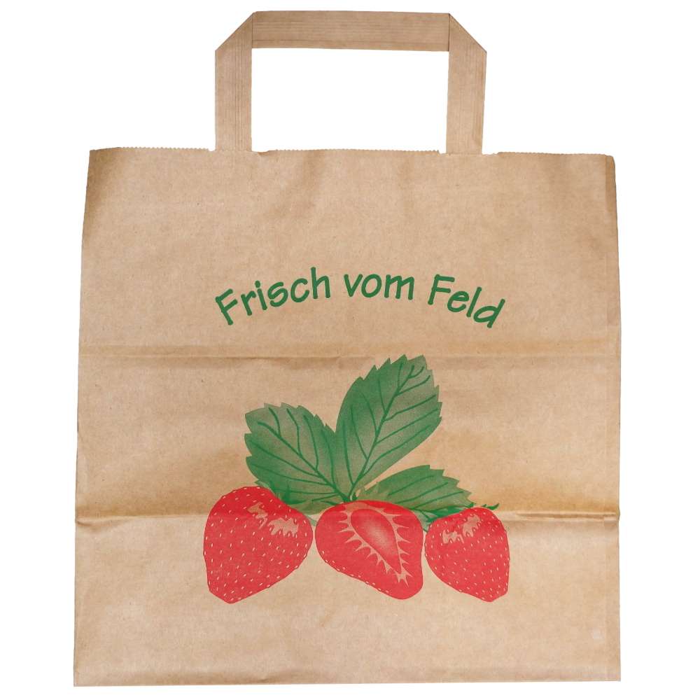 braune Kraft Papiertragetasche bedruckt, 260 + 170 x 250 mm *Erdbeer*