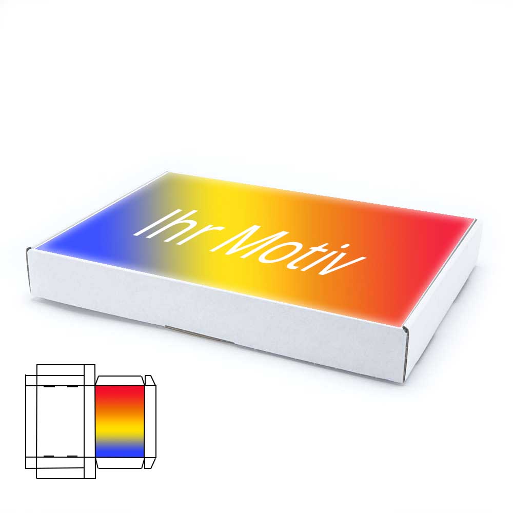 350 x 250 x 50 mm Maxibrief Karton, weiß (Außenmaß) mit Digitaldruck 1-seitig bedruckt vollflächig bedruckt