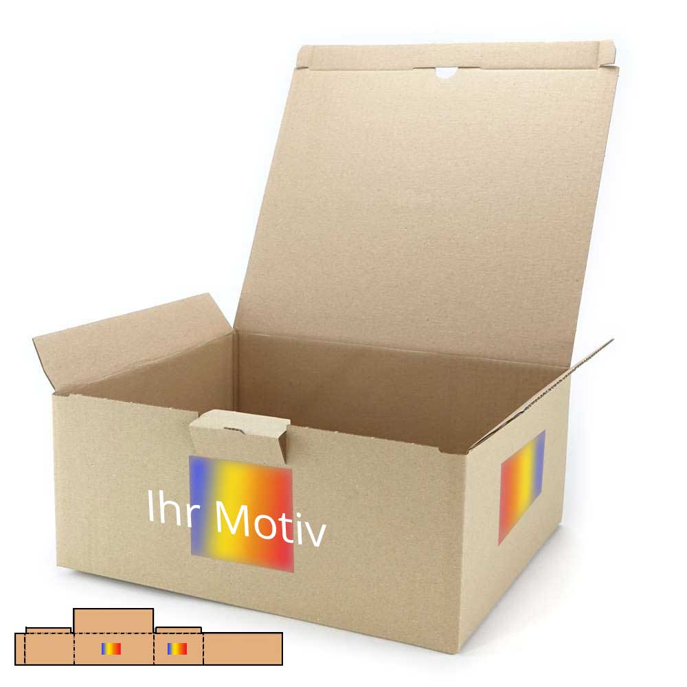 350 x 300 x 150 mm Warensendungs-Karton braun (Außenmaß) mit Digitaldruck 2-seitig bedruckt (zwei nebeneinander liegende Seiten) freie Positionierung - Druckfläche bis 30 %