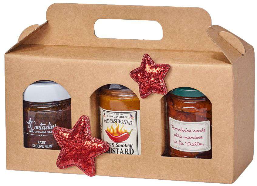 Geschenkbox Gourmet Natur mit Tragegriff und Fenster Trio