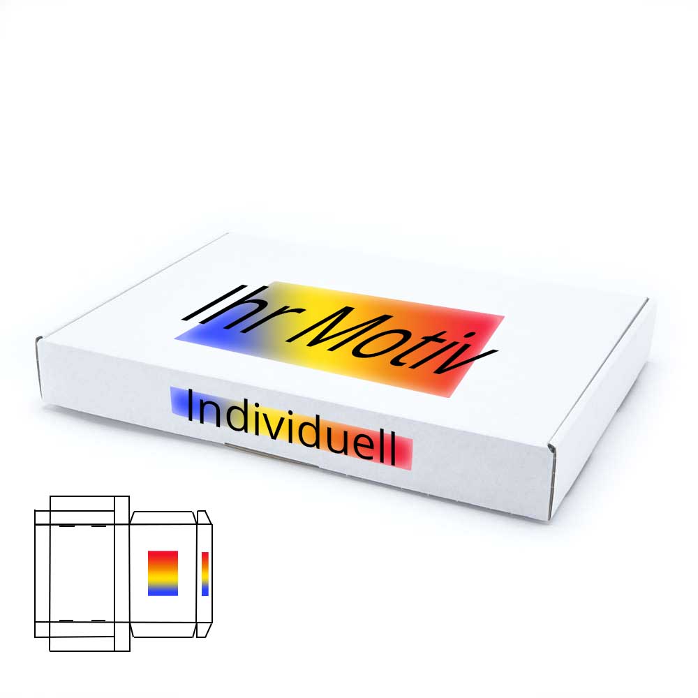 350 x 250 x 50 mm Maxibrief Karton, weiß (Außenmaß) mit Digitaldruck 2-seitig bedruckt freie Positionierung - Druckfläche bis 30 %