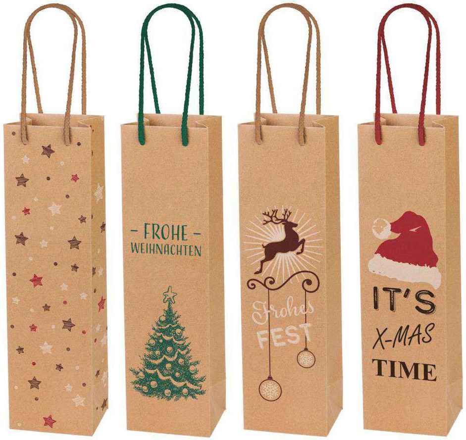 Tragetasche Kraftpapier Natur 4er Set mit Aufdruck für 1er Wein/Sekt Design "Weihnachten"