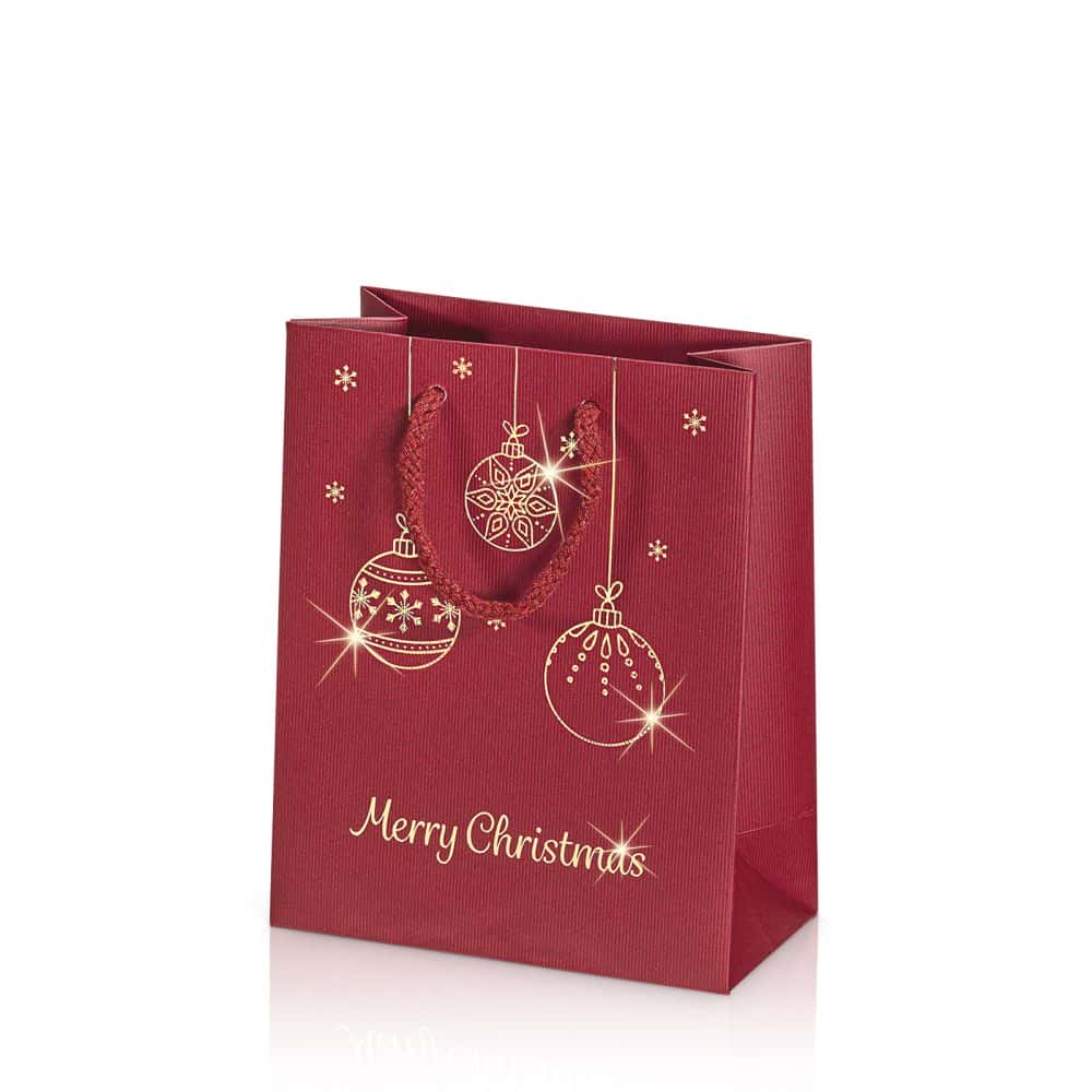 Geschenktüten Weihnachten Streifenprägung, Bordeaux "Goldkugeln" 1er Bocksbeutel