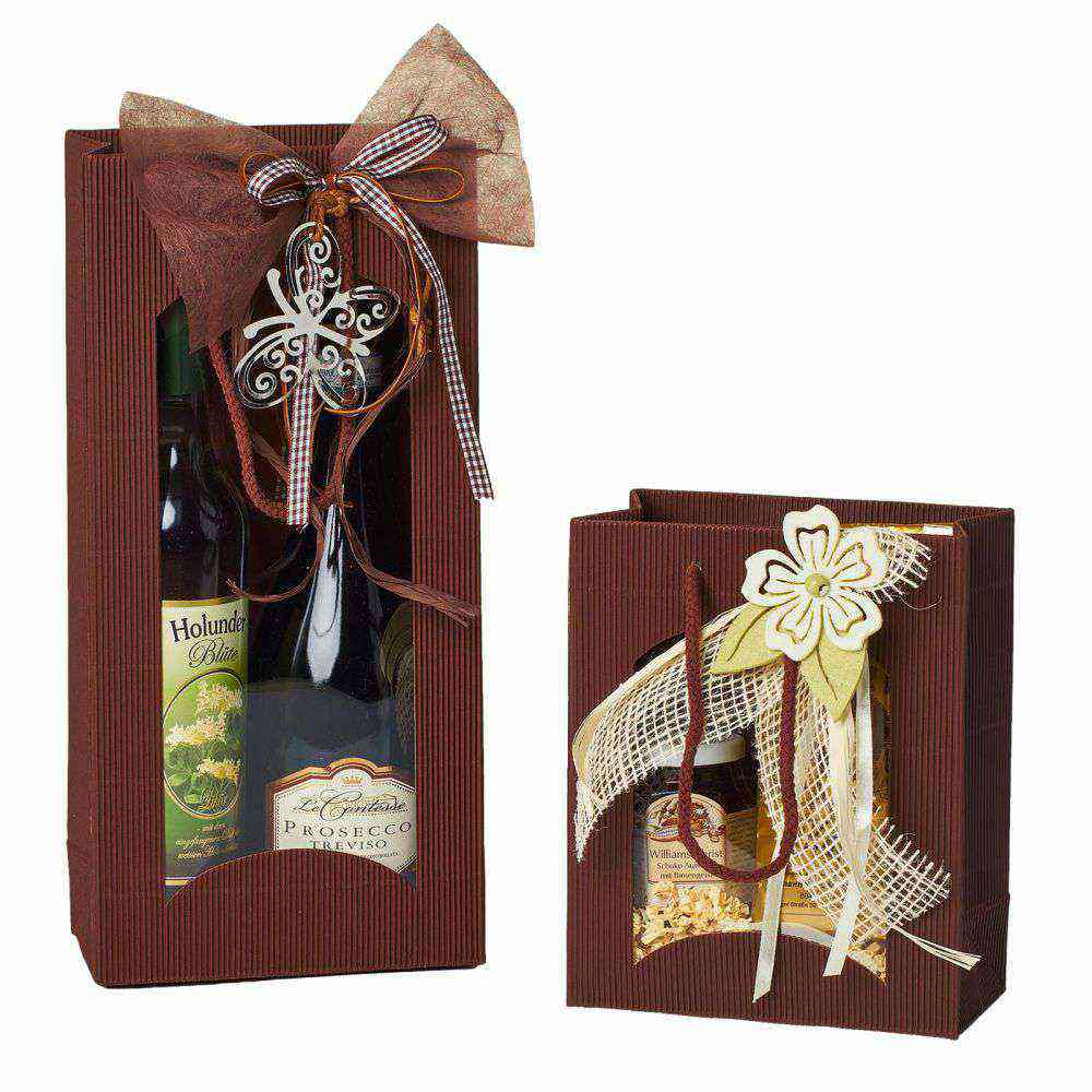 Geschenktüten offene Welle mit Fenster 2er Wein/Sekt Schokobraun