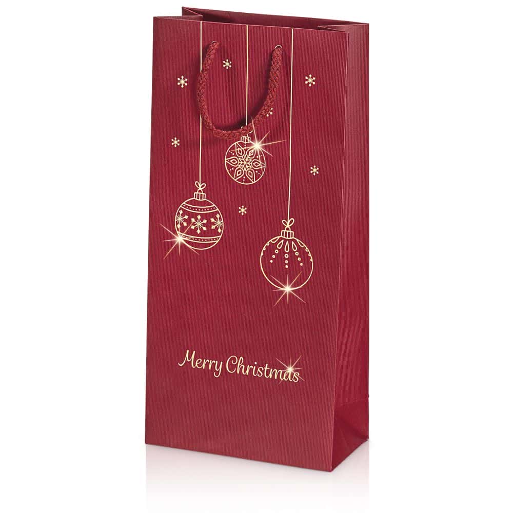 Geschenktüten Weihnachten Streifenprägung, Bordeaux "Goldkugeln" 2er Wein/Sekt