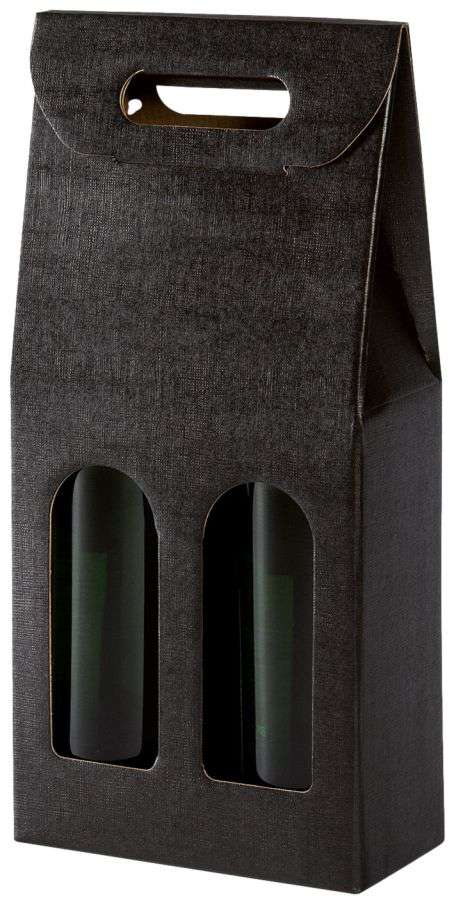 Geschenkbox Strukturprägung mit Tragegriff und Fenster 2er Wein/Sekt schwarz/natur