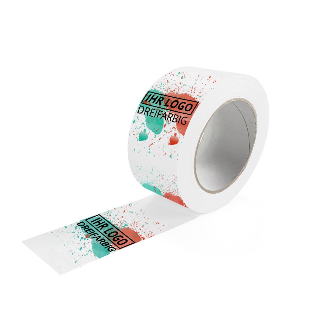 PP Klebeband weiß, individuell bedruckt, Naturkautschuk, 48 mm x 66 m, 25 µ 3-farbig