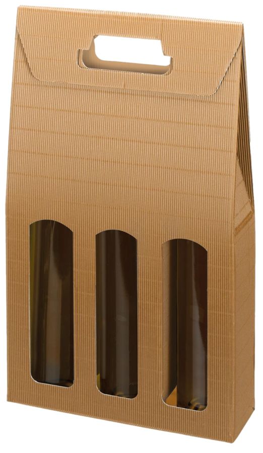Geschenkbox offene Welle mit Tragegriff und Fenster 3er Wein/Sekt braun