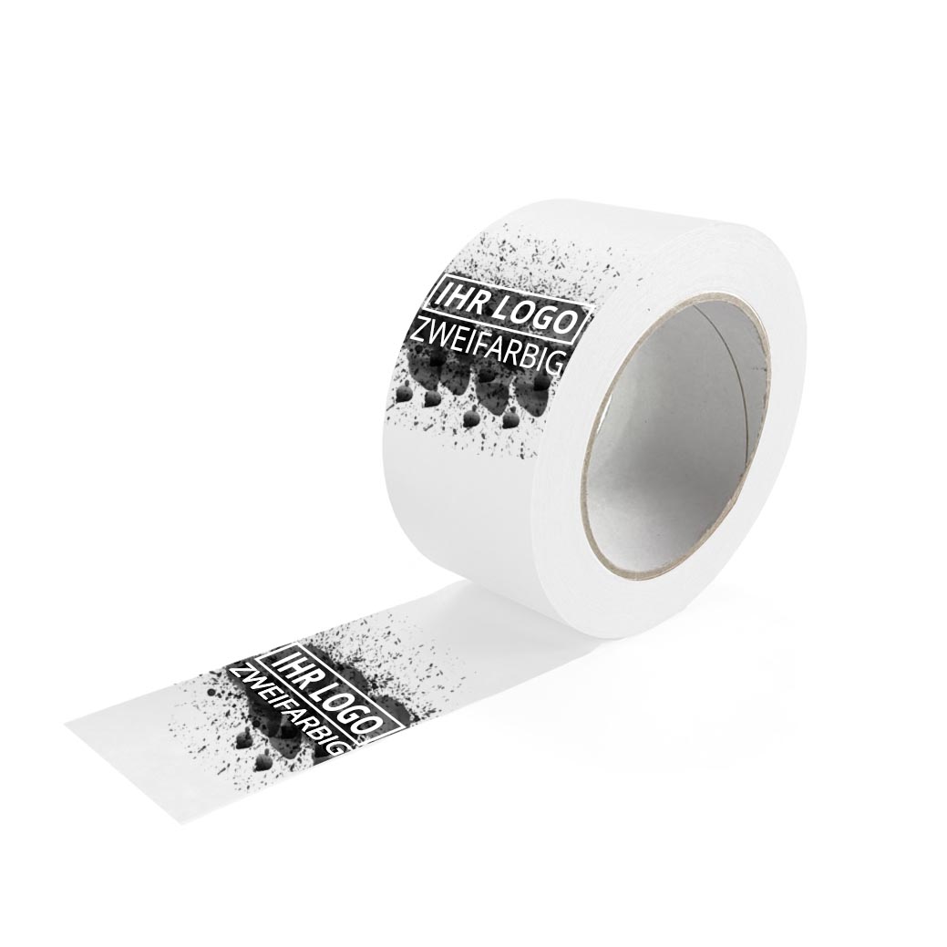 PP Klebeband weiß, individuell bedruckt, Naturkautschuk, S-PVC, 50 mm x 66 m, 33 µ 2-farbig